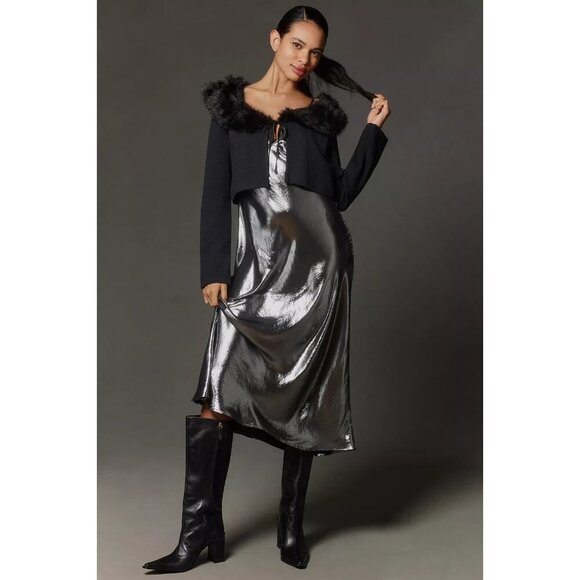 Maeve Faux-Fur Collar Y2k Style Cropped Cardigan L - Picture 3 of 4